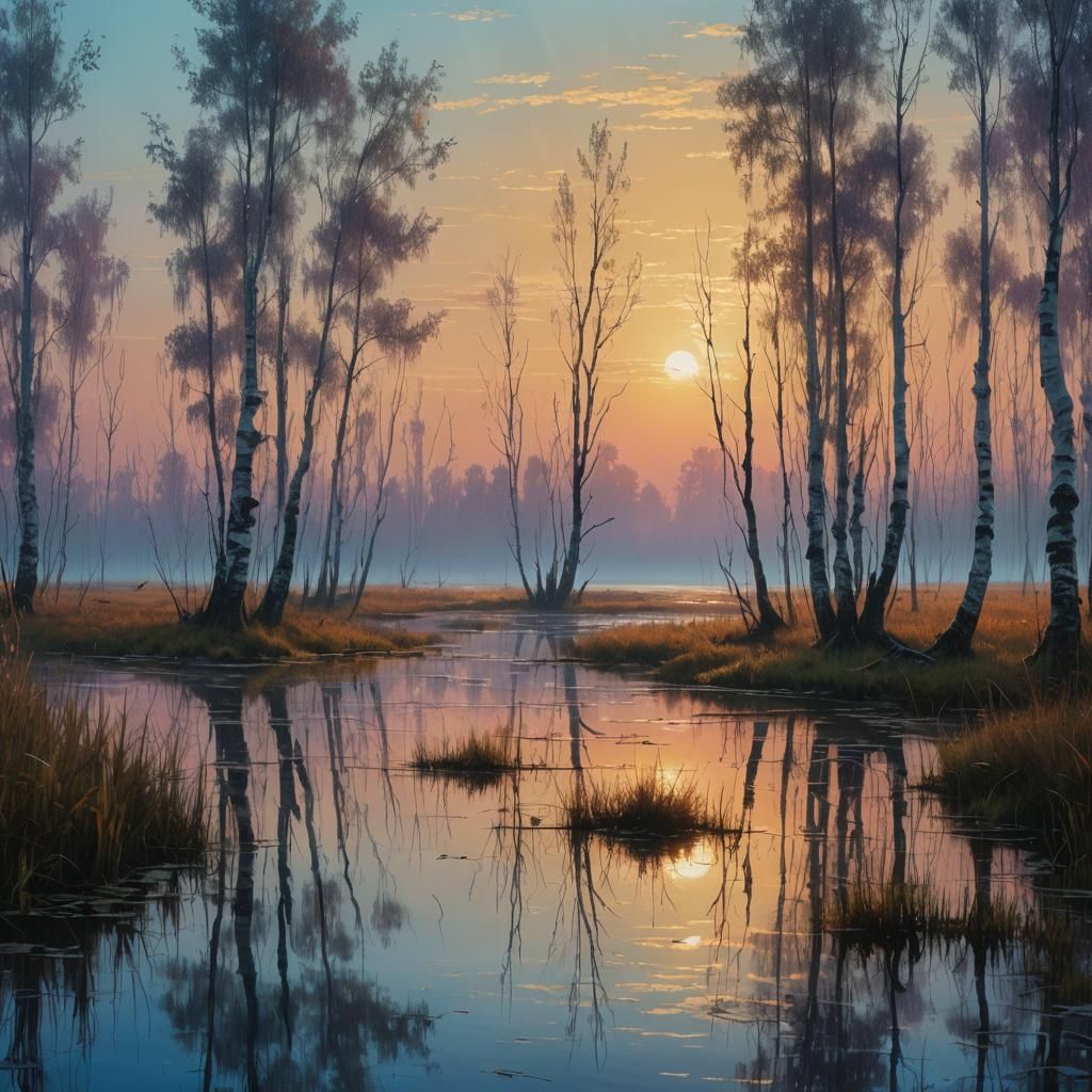 Siberian Wetlands Sunset: Matte Painting Landscape