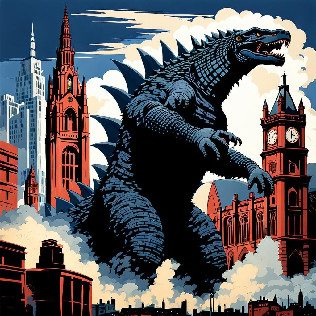 Godzilla Destroys Manchester in Retro Painting