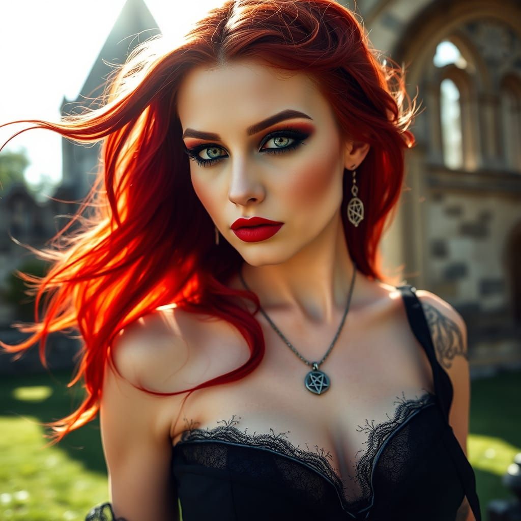 Goddess in Ruins, Long Red Hair and Black Attire