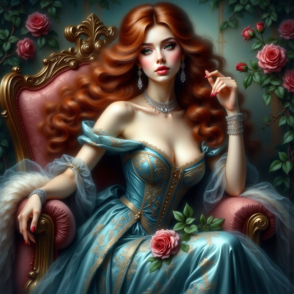 A stylized glamorous lady with green eyes and deep red, long curly hair.  She wears a vintage, blue Victorian-style gown...