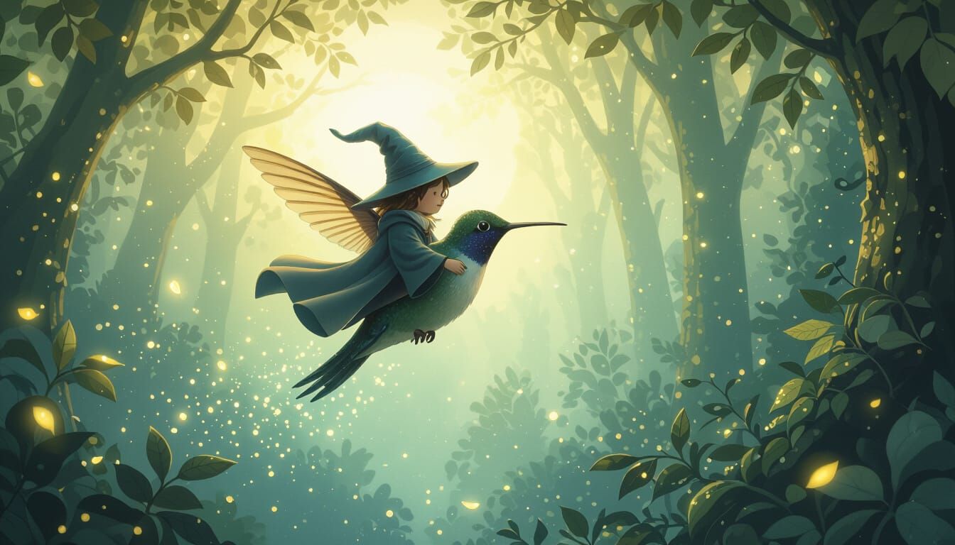 Wizard on Hummingbird in Enchanted Forest