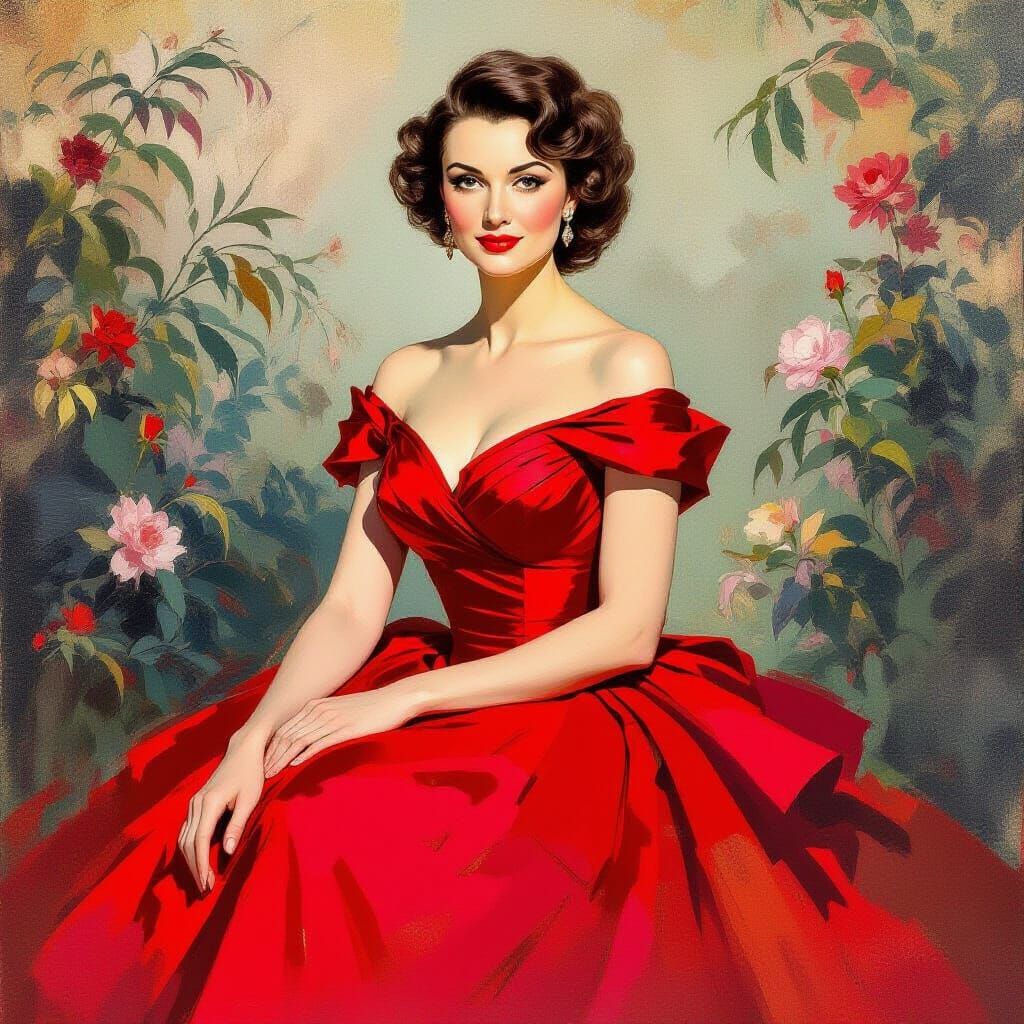 Vivien Leigh in Red Dress, Impressionistic Portrait