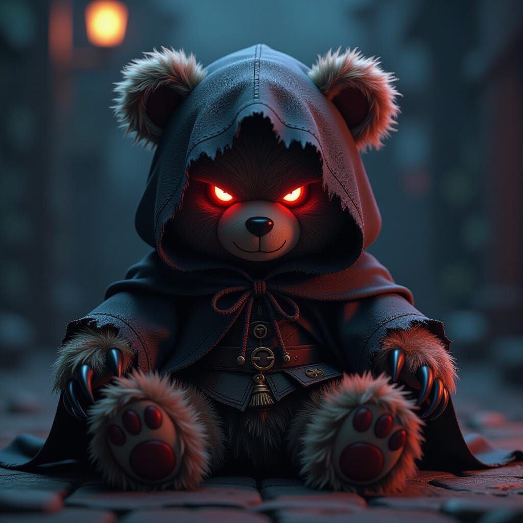 Menacing Teddy Bear with Sharp Claws in Dark 3D Anime Style