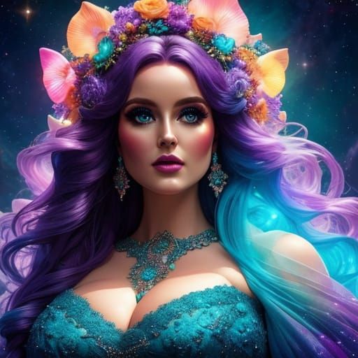 Plus-Sized Bride with Purple Hair in Sci-Fi Lace Gown