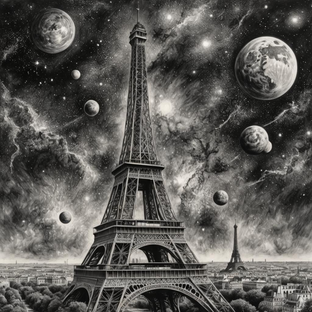 Eiffel Tower Soars Through the Cosmos: Charcoal Art