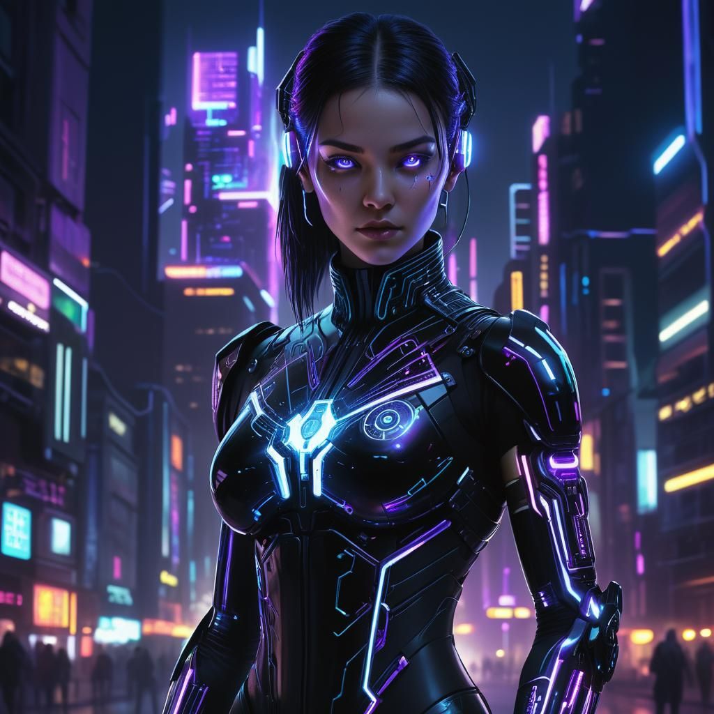 Cyberpunk Woman with Neural Implant in Neon City