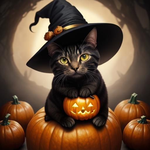 Cat in Witch Hat on Pumpkin: 8-bit Fantasy Art