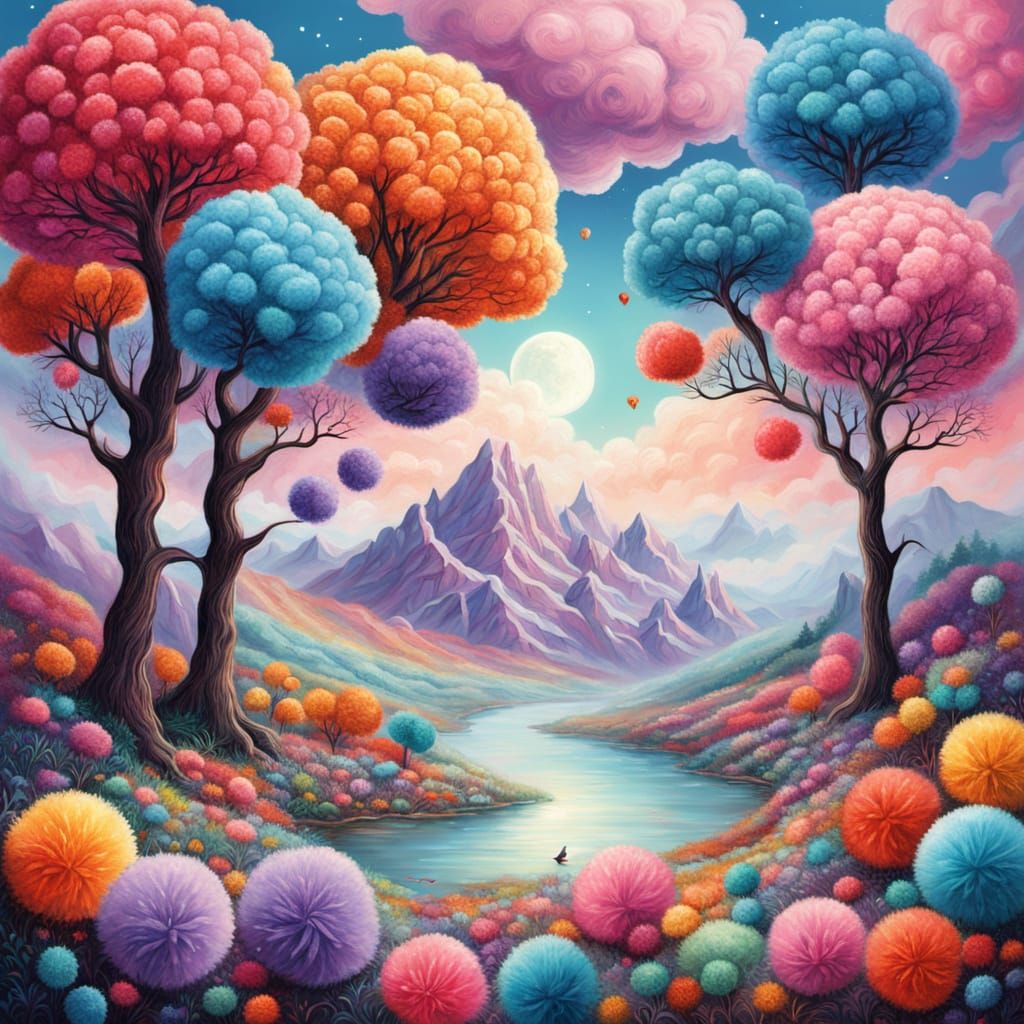 Whimsical Pom Pom Landscape in Fiber Art Style