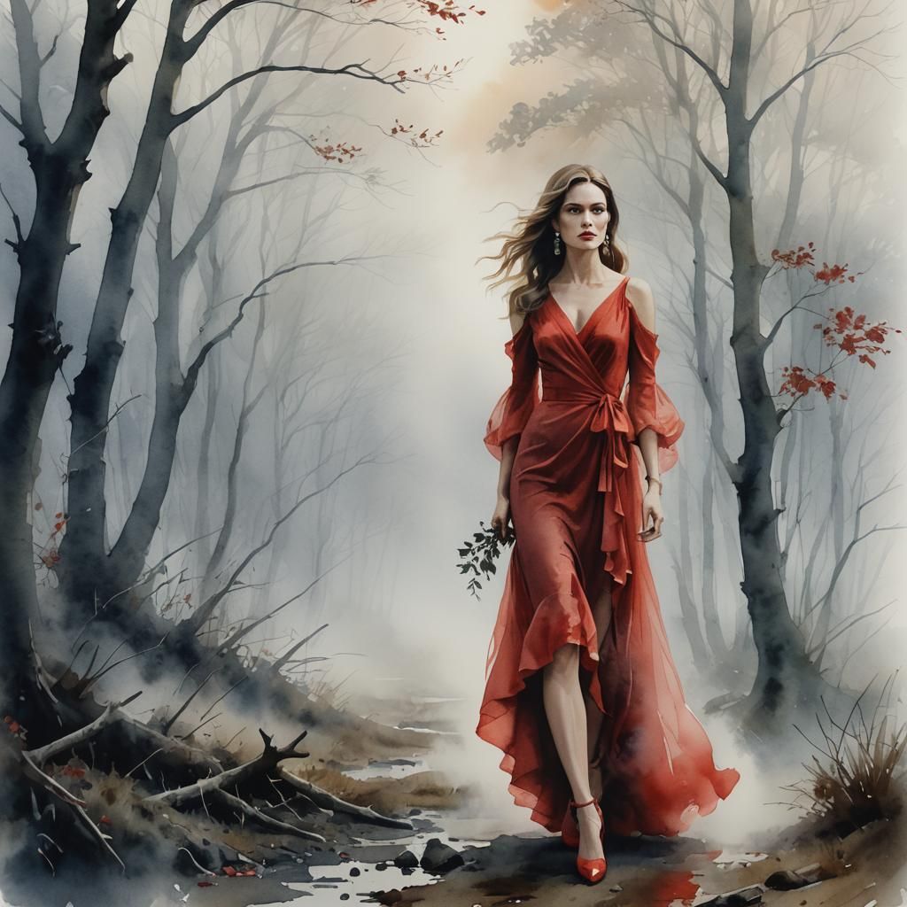 Lady in Red Dress with Hawk Portrait