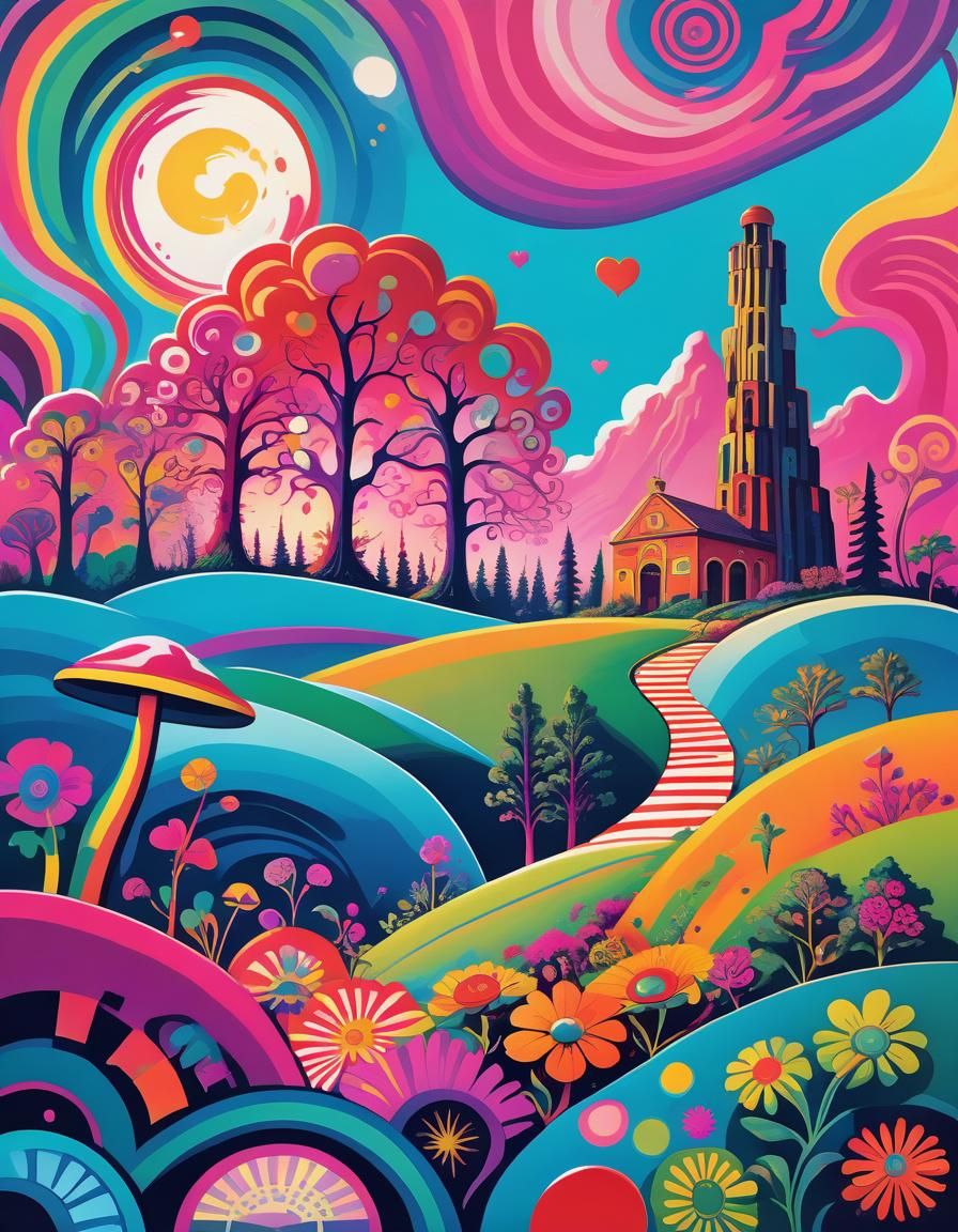 Psychedelic Landscape Inspired by Sgt. Pepper's Album Art