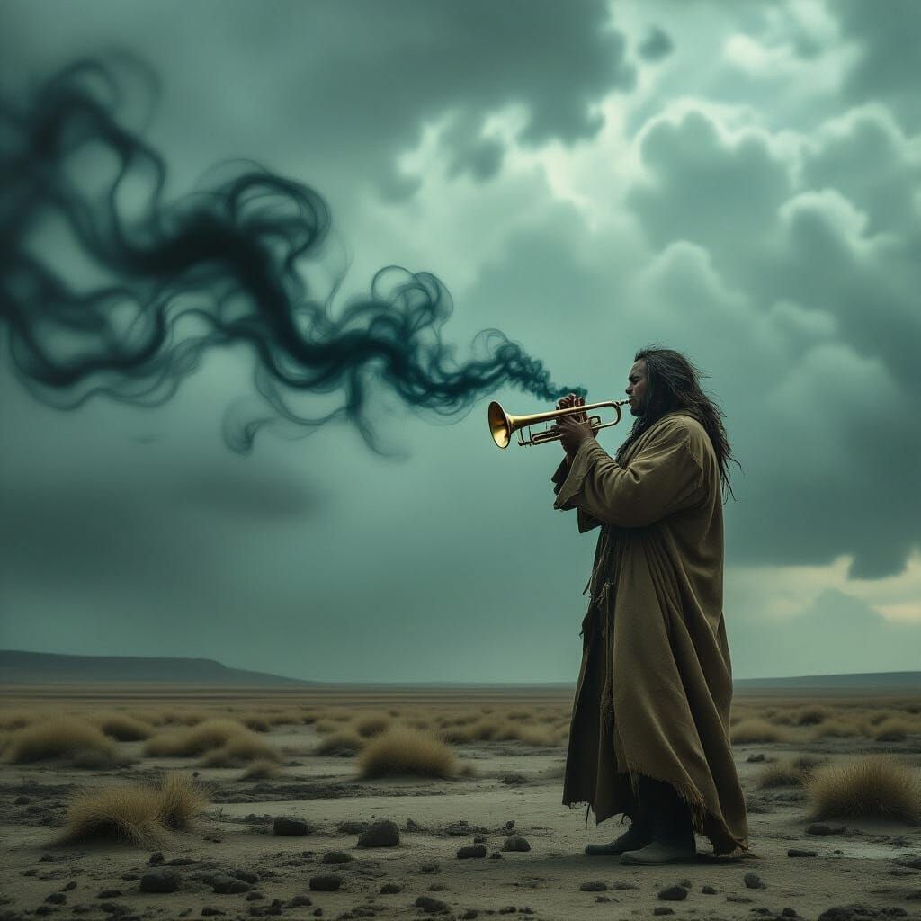 Melancholy Trumpet Player on Windswept Plain
