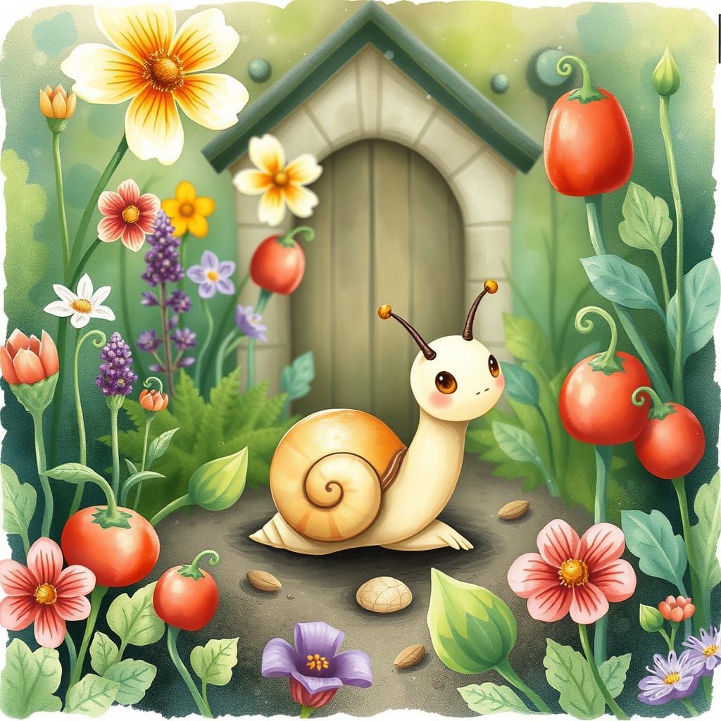 Cute Snail in Witch's Garden, Storybook Illustration