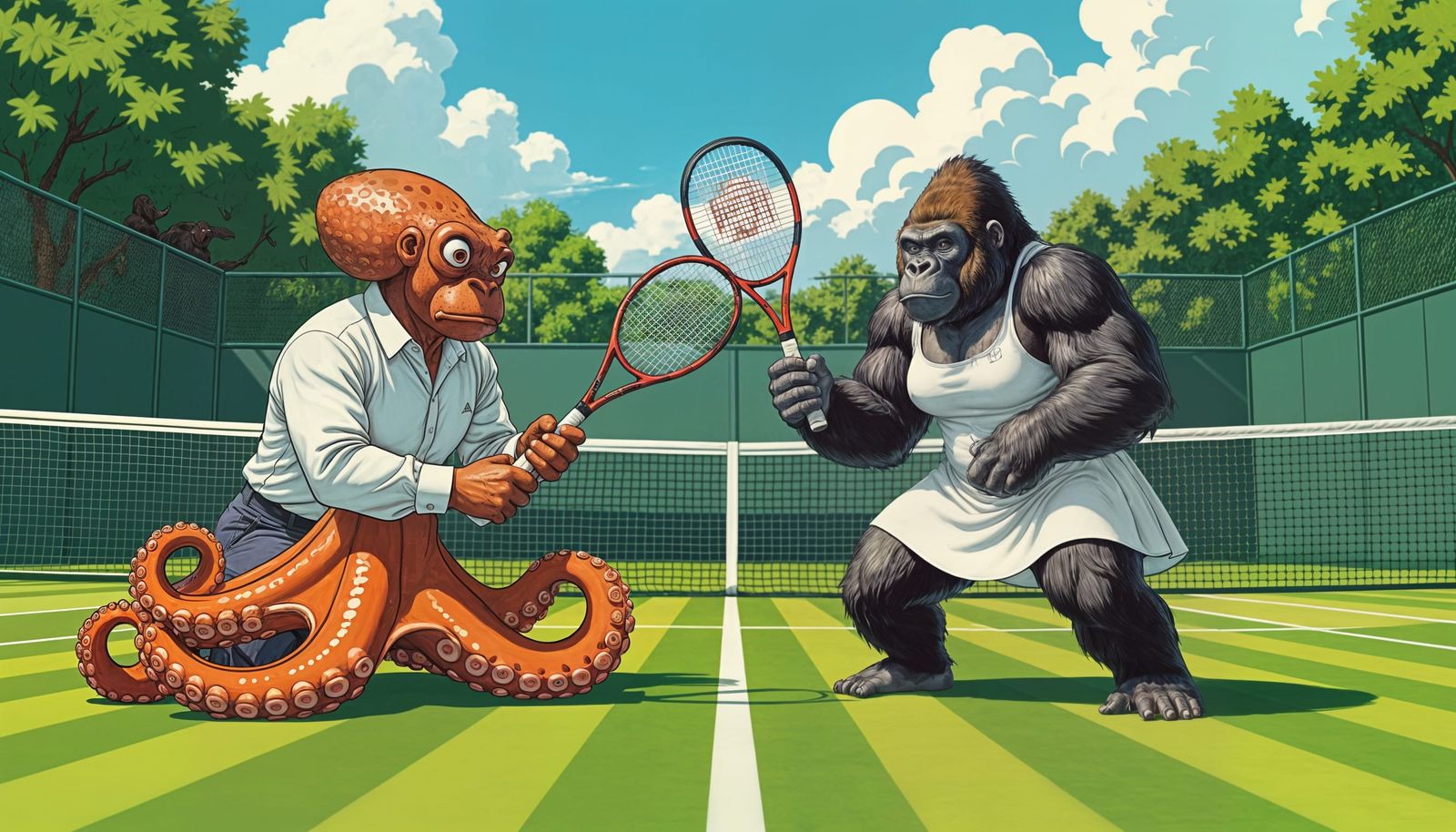 Octopus and Gorilla Play Tennis in Comic Style