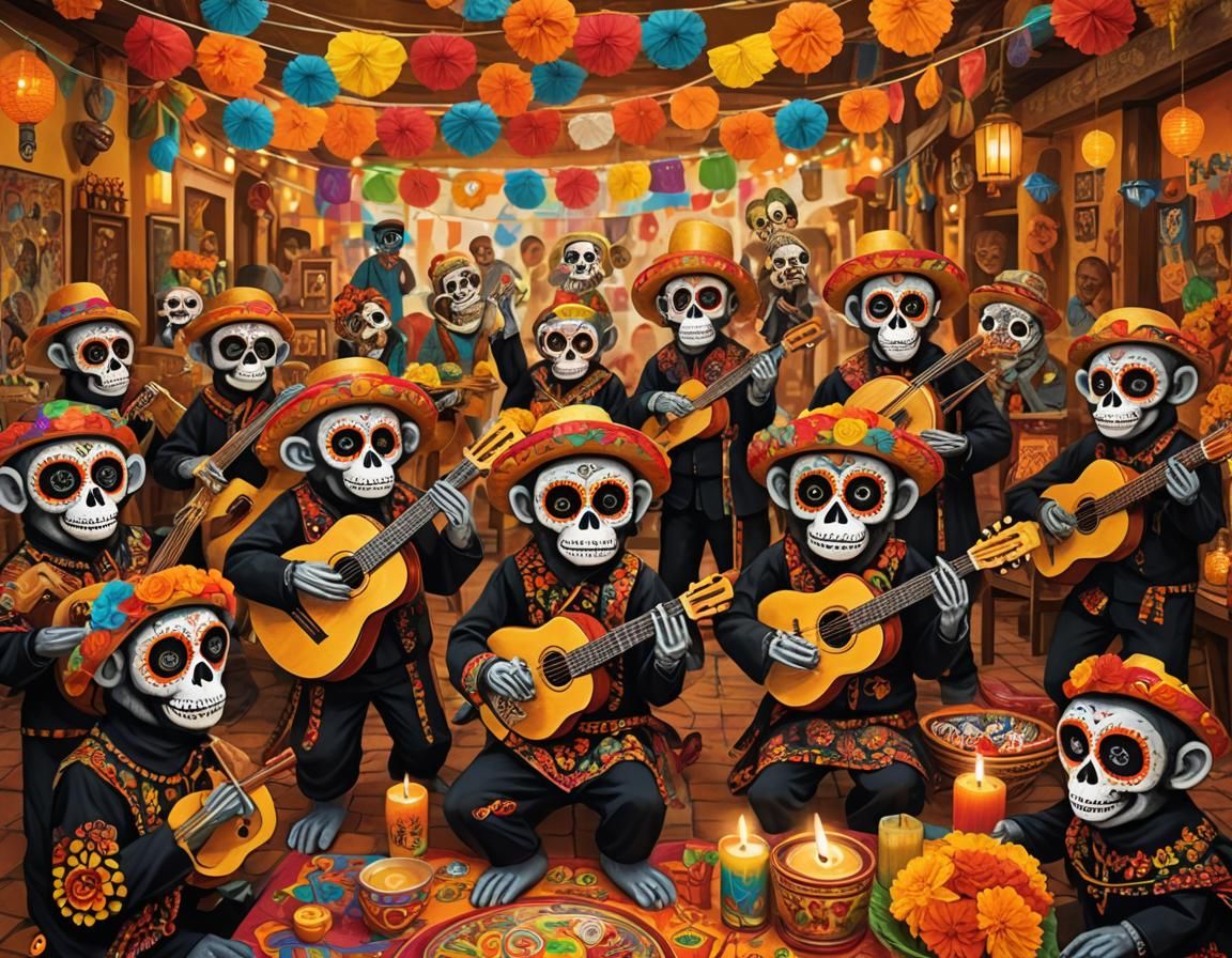 Dia de los Muertos Monkeys in Mexican Folk Art Style