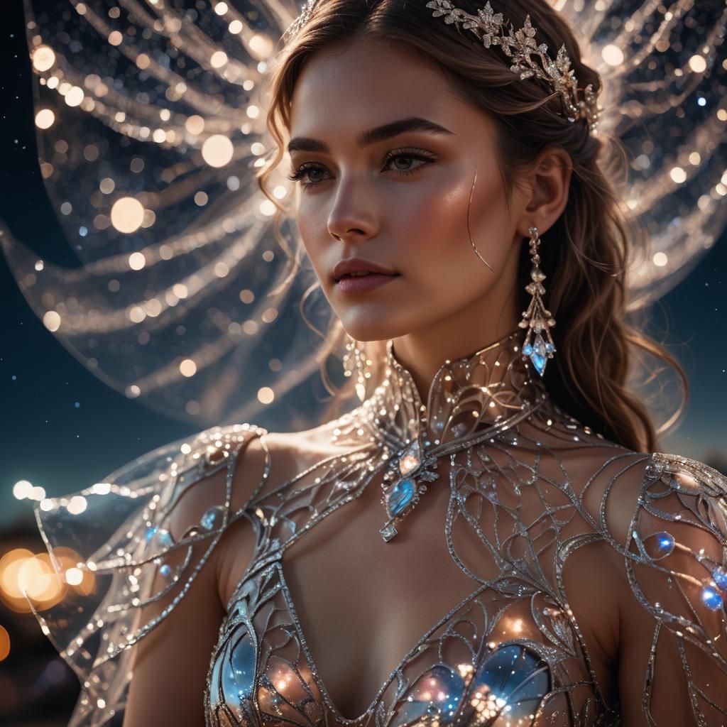 Woman in Glass Dress with Night Sky Background