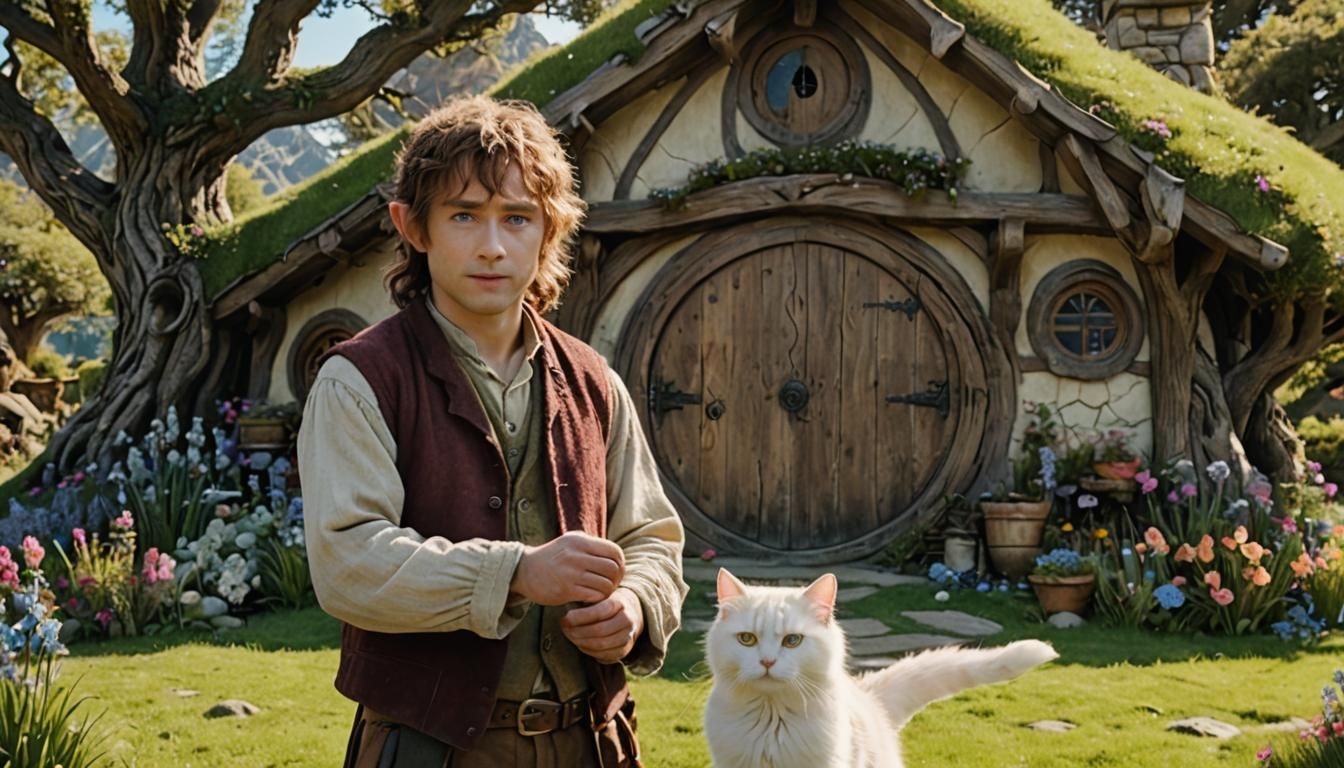 Hobbit and Cat in a Treehouse Garden