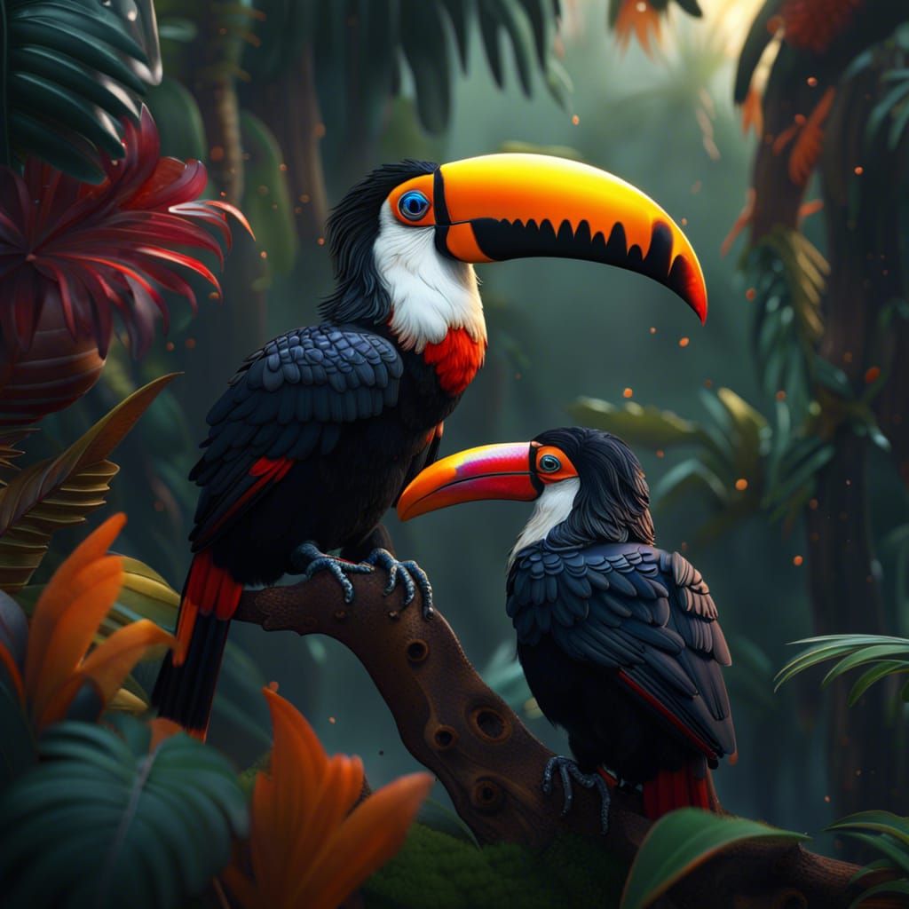 Colorful Toucans in a Fantasy Landscape