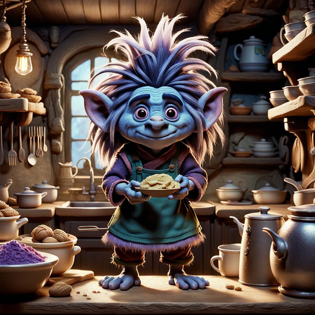 A small claymation troll with messy hair, wearing a baker's attire, set in a whimsical kitchen.