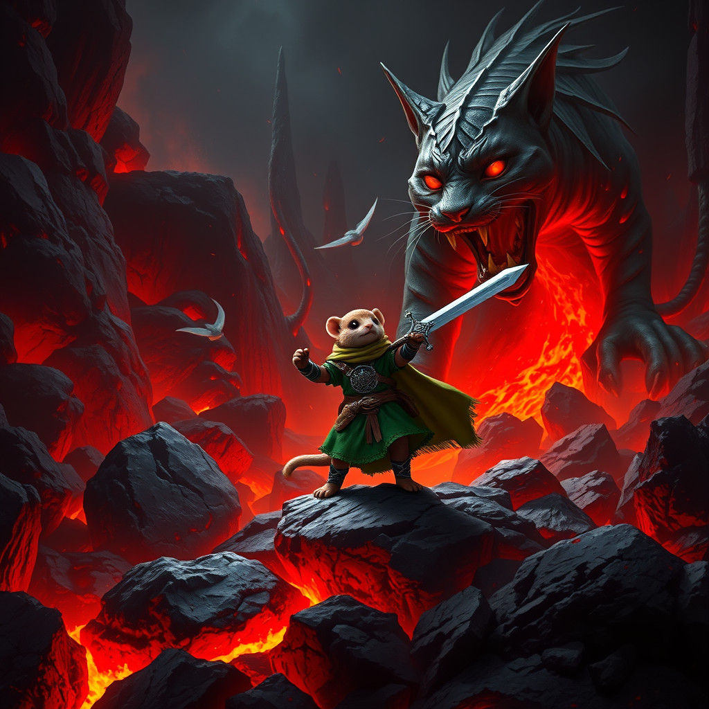 Weasel Paladin vs Magma Cat: Fantasy Concept Art