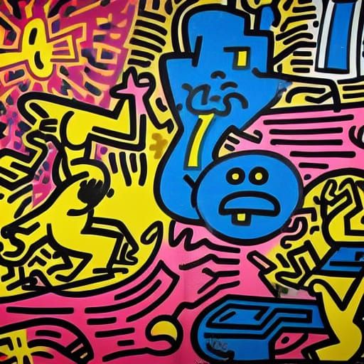 Cosmic Dance in Street Art Style with Fiery Flames