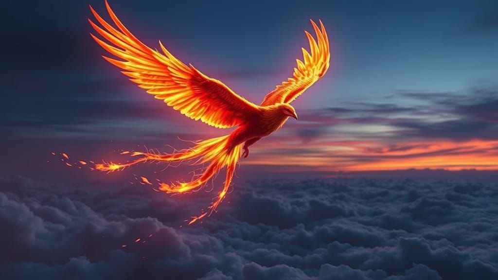 Fiery Phoenix Soaring Through Twilight Sky
