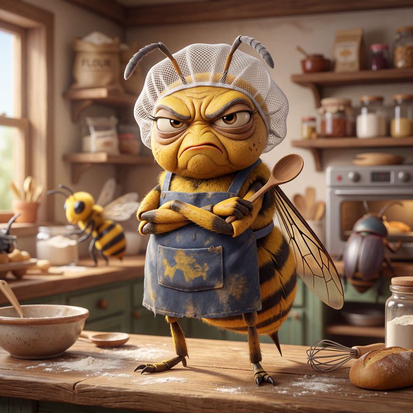 Hornet in a Hairnet - Grumpy Cartoon Hornet Wears Hair Net