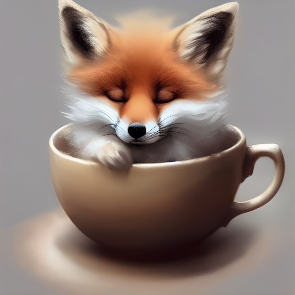 Baby Fox Asleep in Teacup: Digital Art Portrait