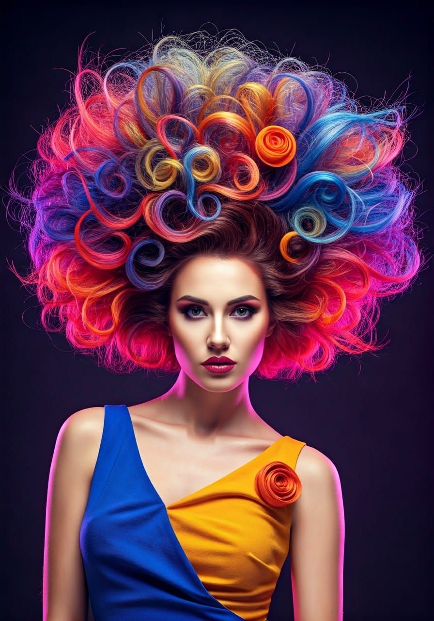 Woman with Abstract Hair Sculpture in Cyberpunk Style