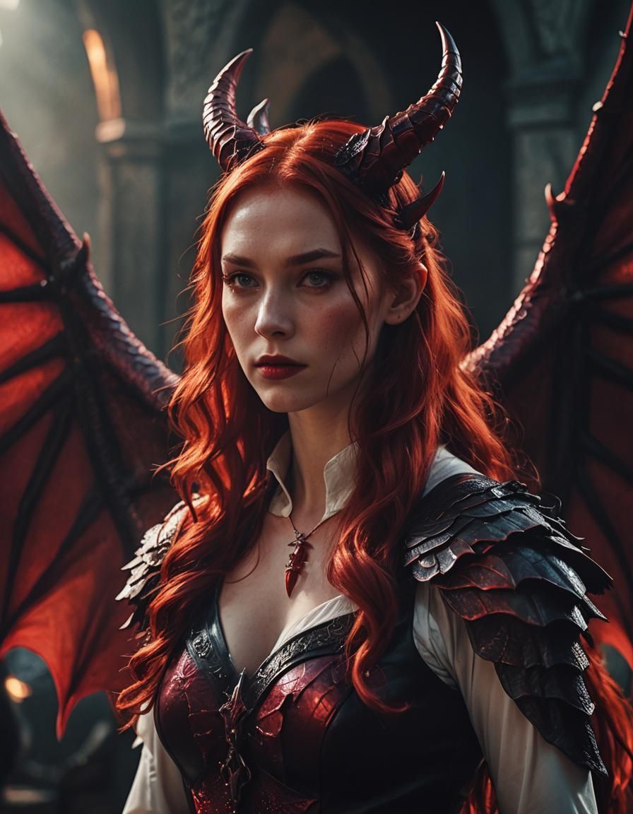 Red Dragon Woman in Dark Academia Style