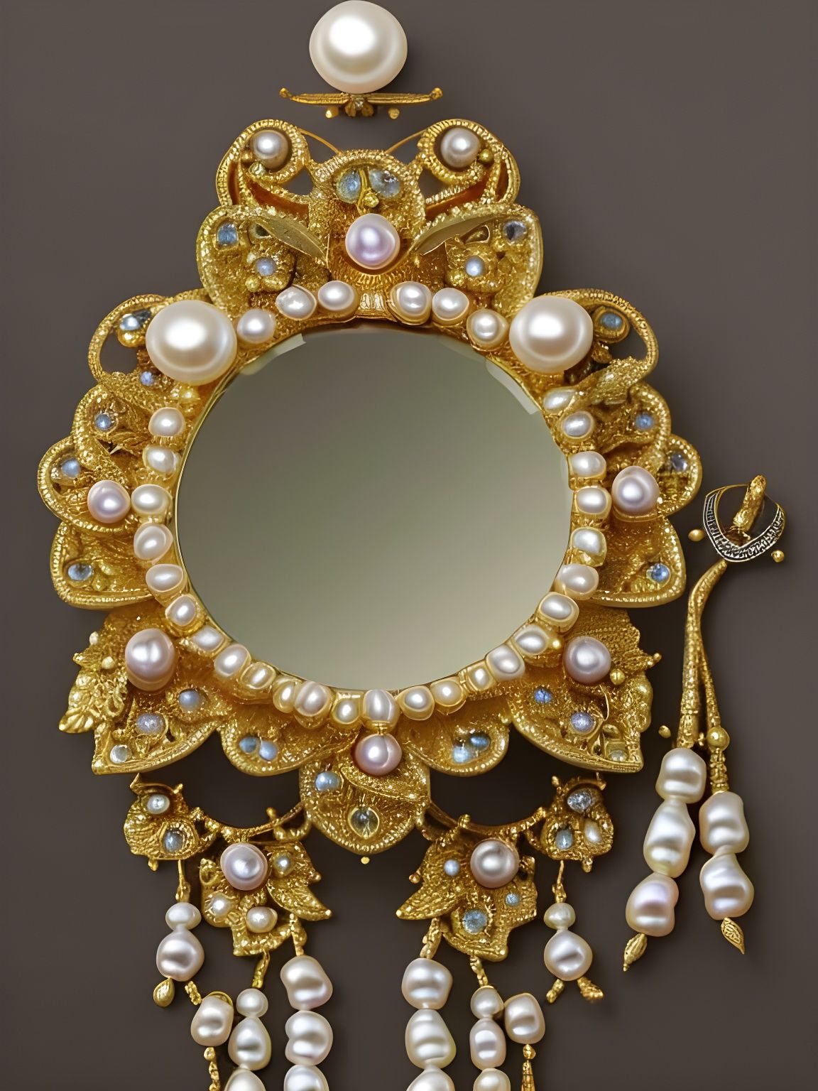 Intricate Jeweled Mirror with Pearls and Gold Design