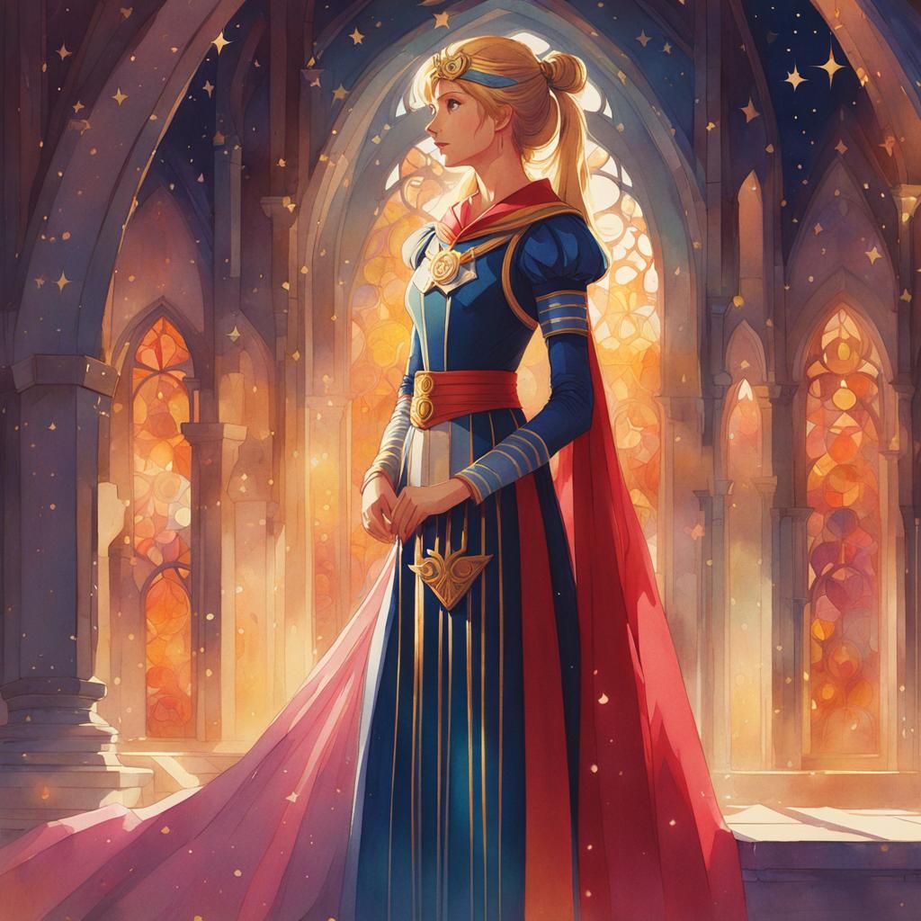 Medieval Woman in Iridescent Watercolor Style