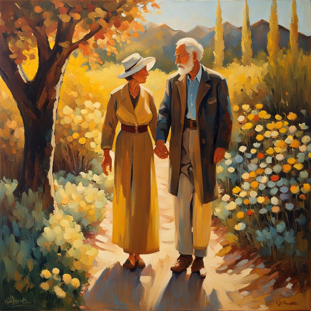 Elderly Couple in Garden as Expressionist Oil Painting