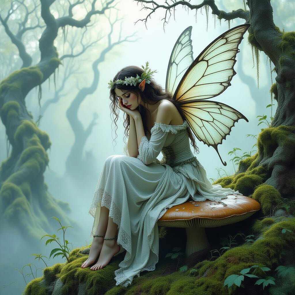 Melancholic Fairy in Misty Forest, Hyperrealistic Style