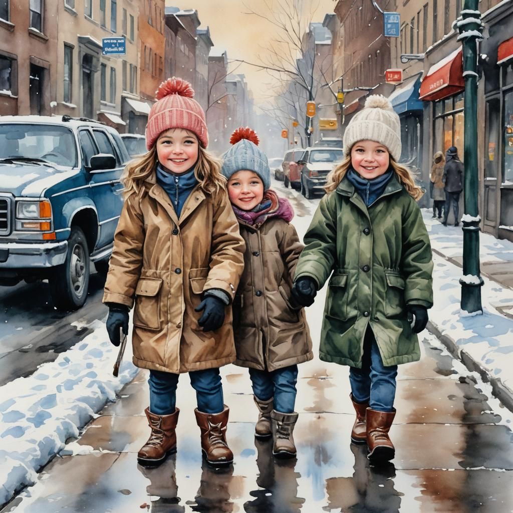Children Play in Snowy City Street Scene