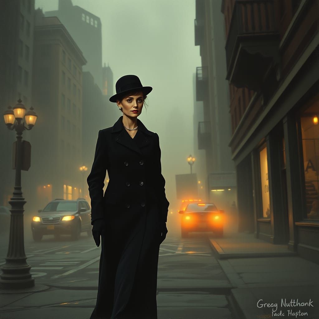 Elegant Audrey Hepburn in Foggy New York City at Dusk