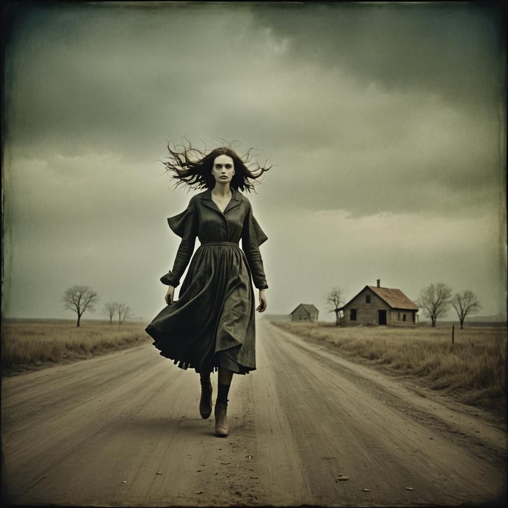 Girl Flees House: Surreal Fine Art Portrait