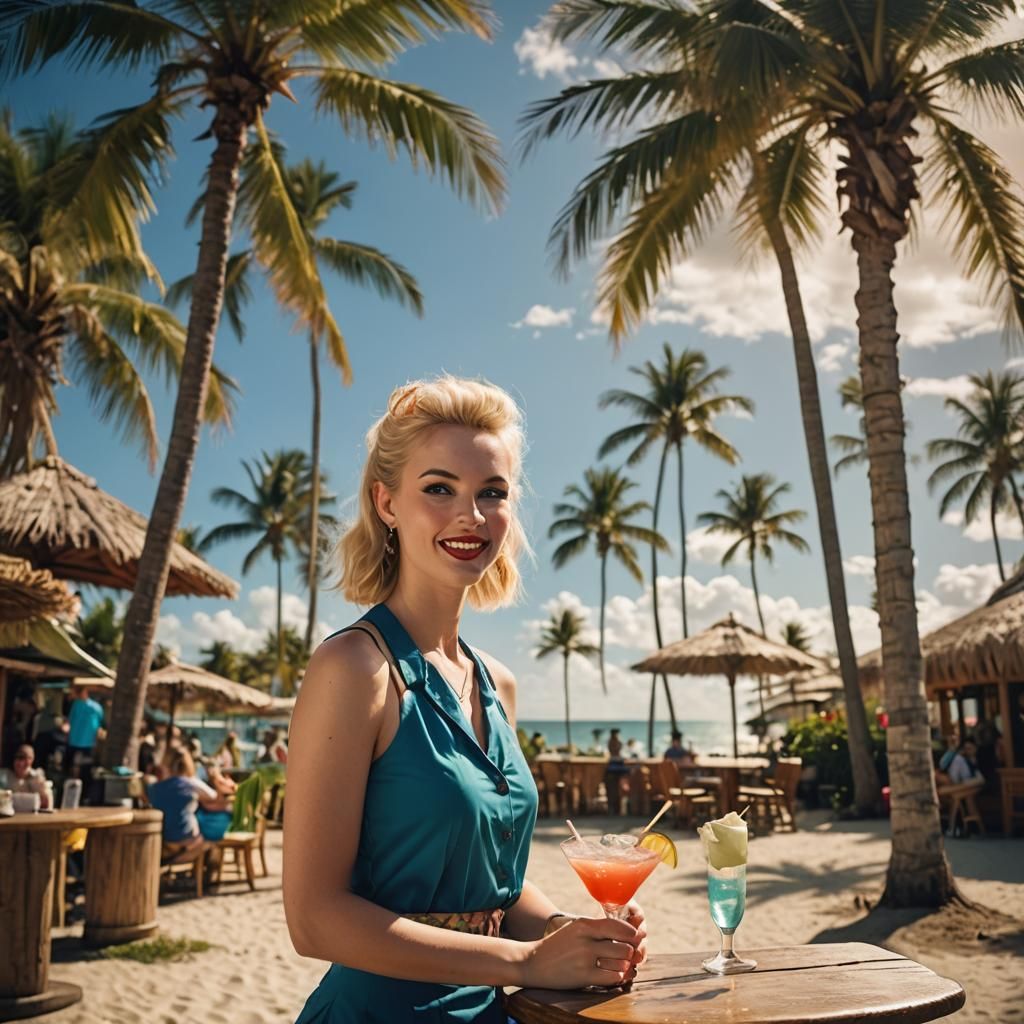 A blonde cocktail waitress at a beach tiki bar surrounded by...