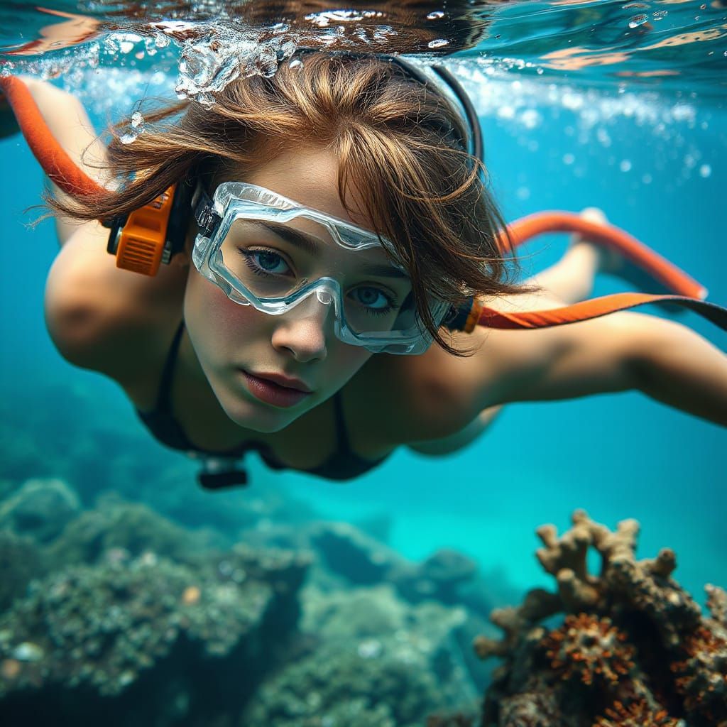 Freediver Descends to Tropical Coral Reef in Splash Art Styl...