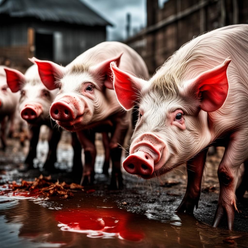 Hyperrealistic Image of Bloodthirsty Pigs in High Definition
