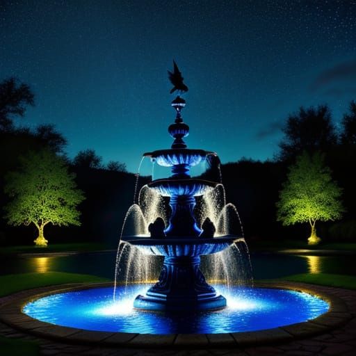 Illuminated Whimsical Fountain at Night