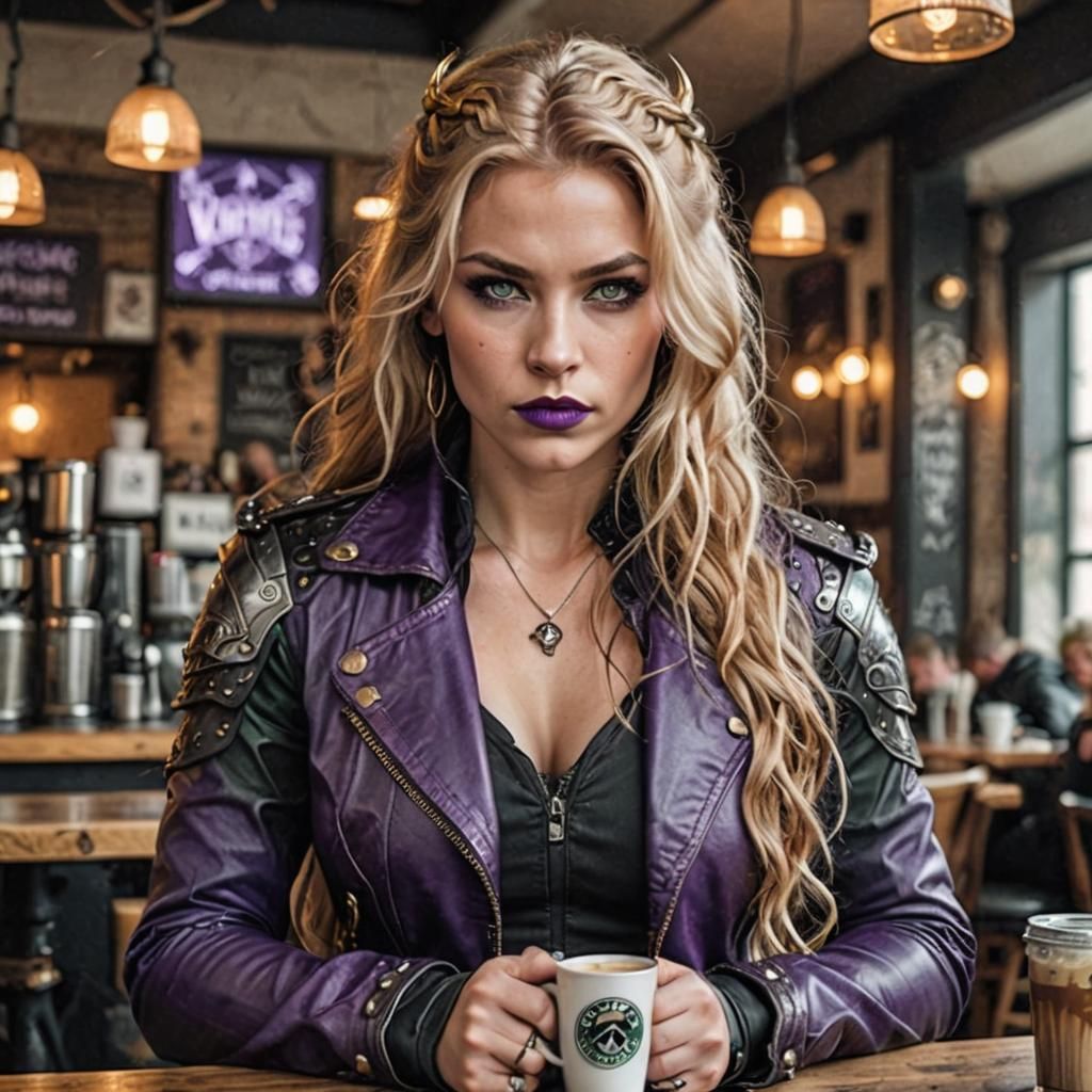 Valkyrie with Viking Features Drinking Coffee