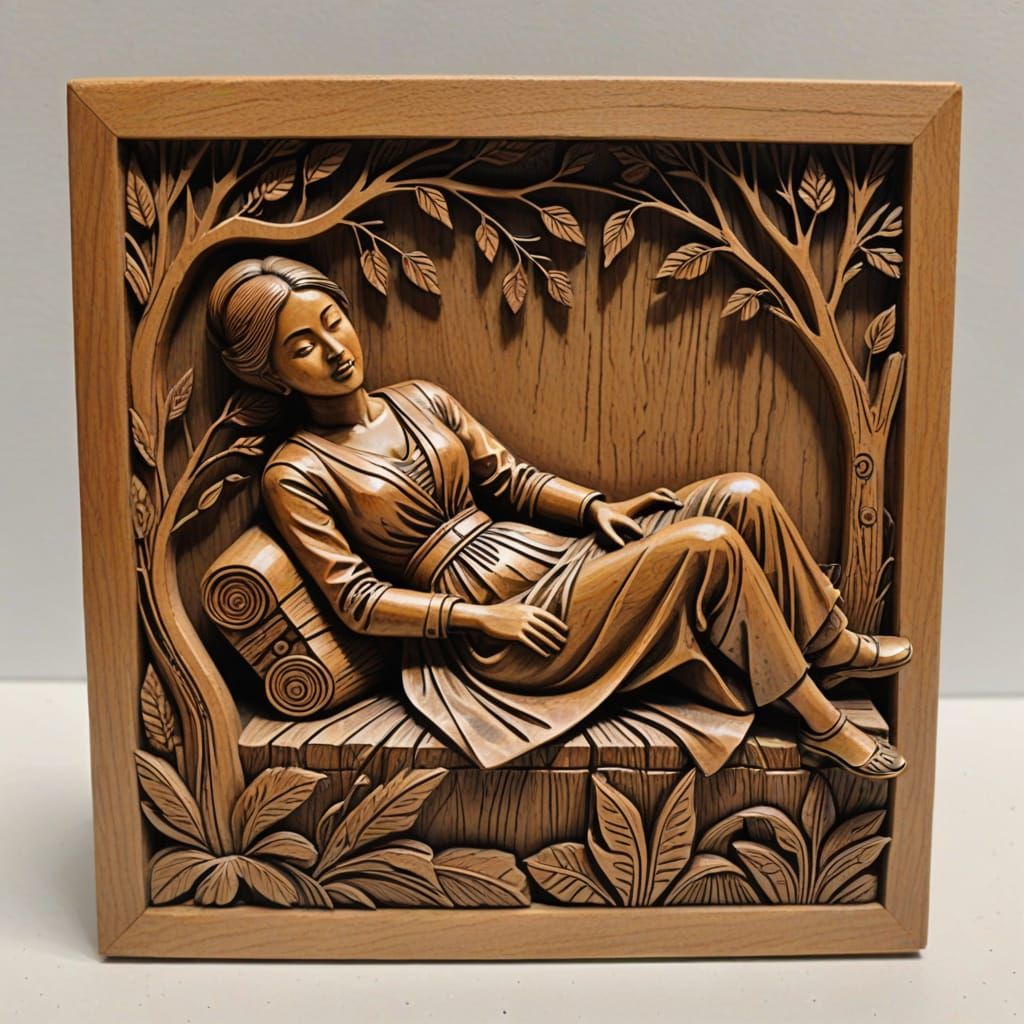 Wood print block carving of lady reclined