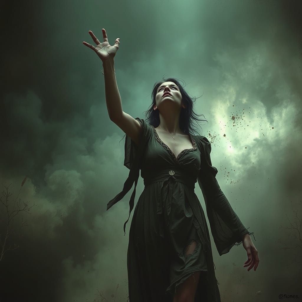 Desperate Woman in Eerie, Dark Landscape