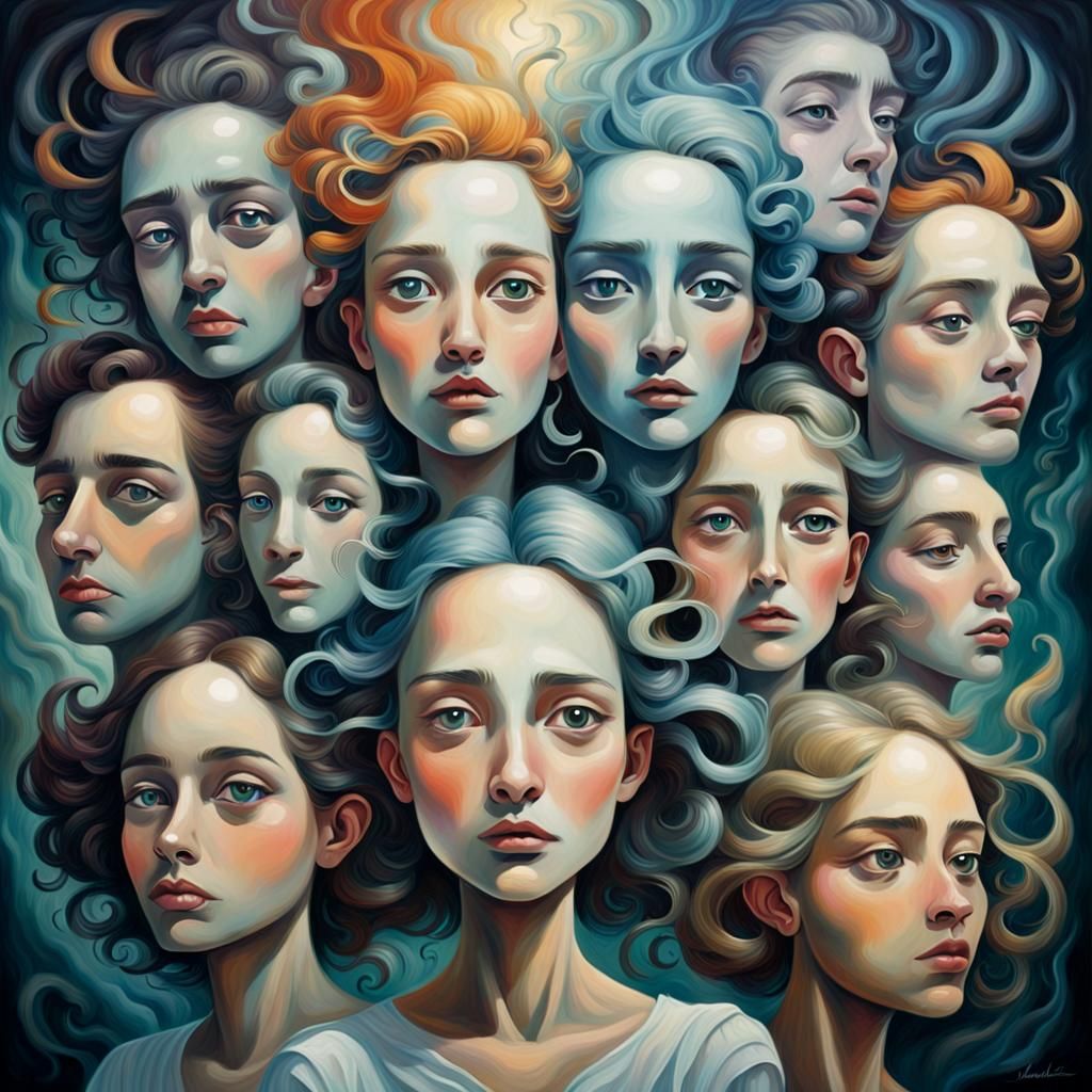 Surrealism.. range of expressions on the characters' faces, each lost in their own thoughts.