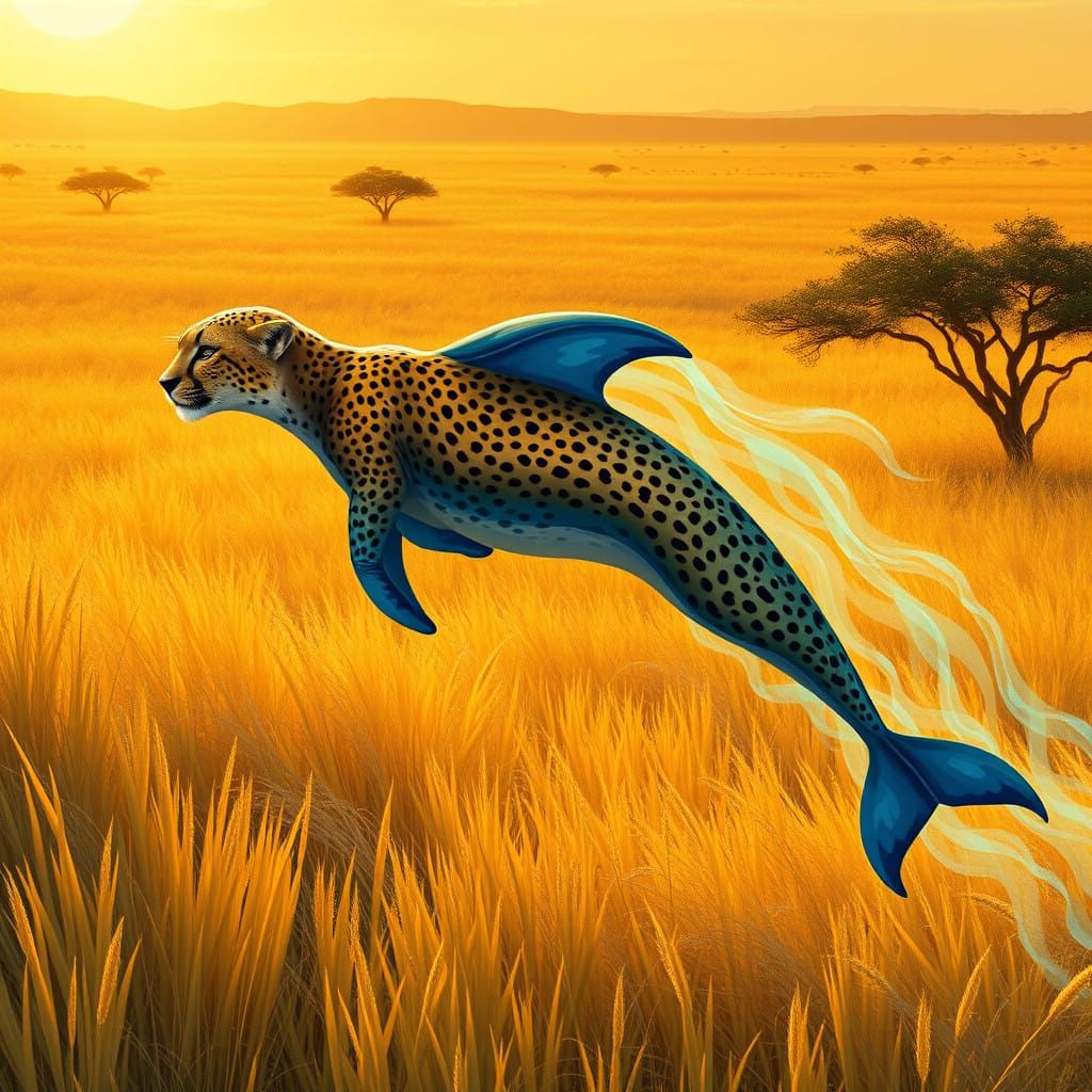 Surreal Savanna Creature in Golden Grasslands and Oceanic Bl...