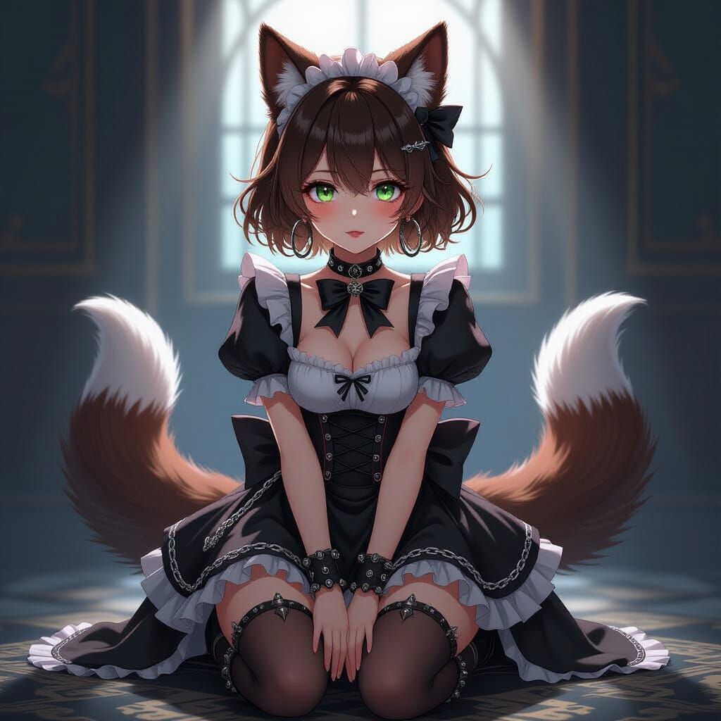 Anime Maid with Wolf Ears in Gothic Dress