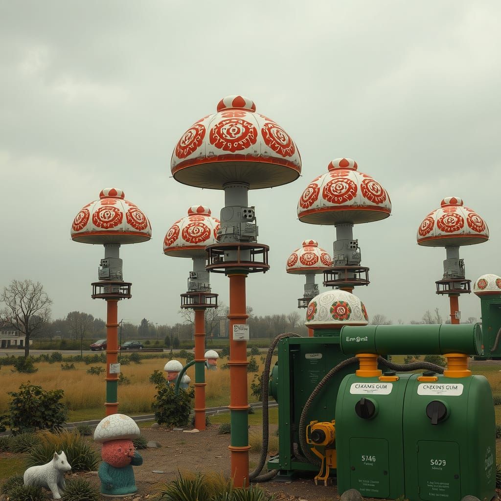 Hyperreal Mushroom Flags in Brutalist Landscape
