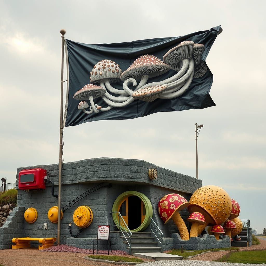 Hyperreal Mushroom Flag in Brutalist Landscape