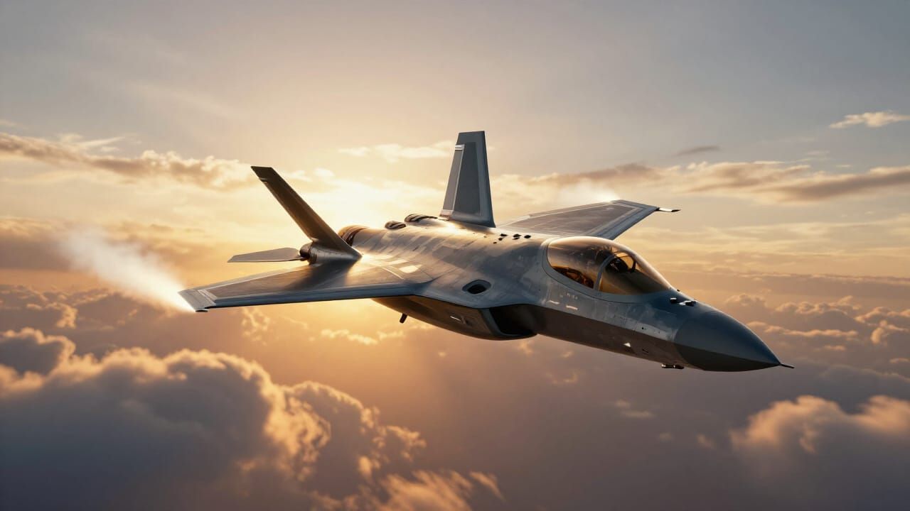 Futuristic Fighter Jet Sonic Boom at Sunset