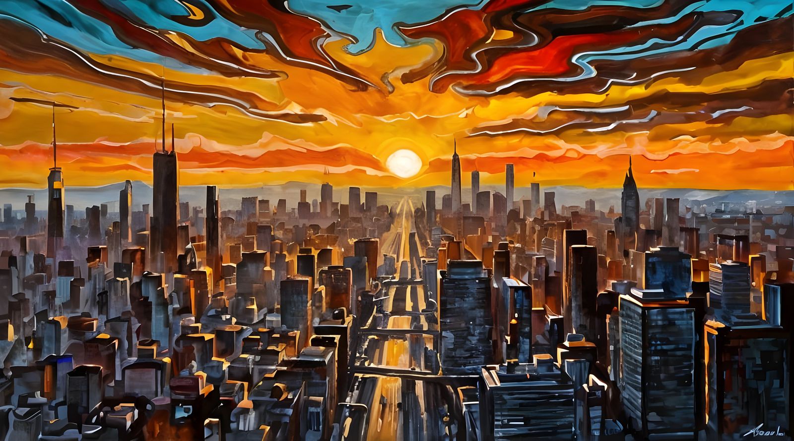 Abstract Sunset Over 1960s Cityscape, Duo-Tone Oil Painting